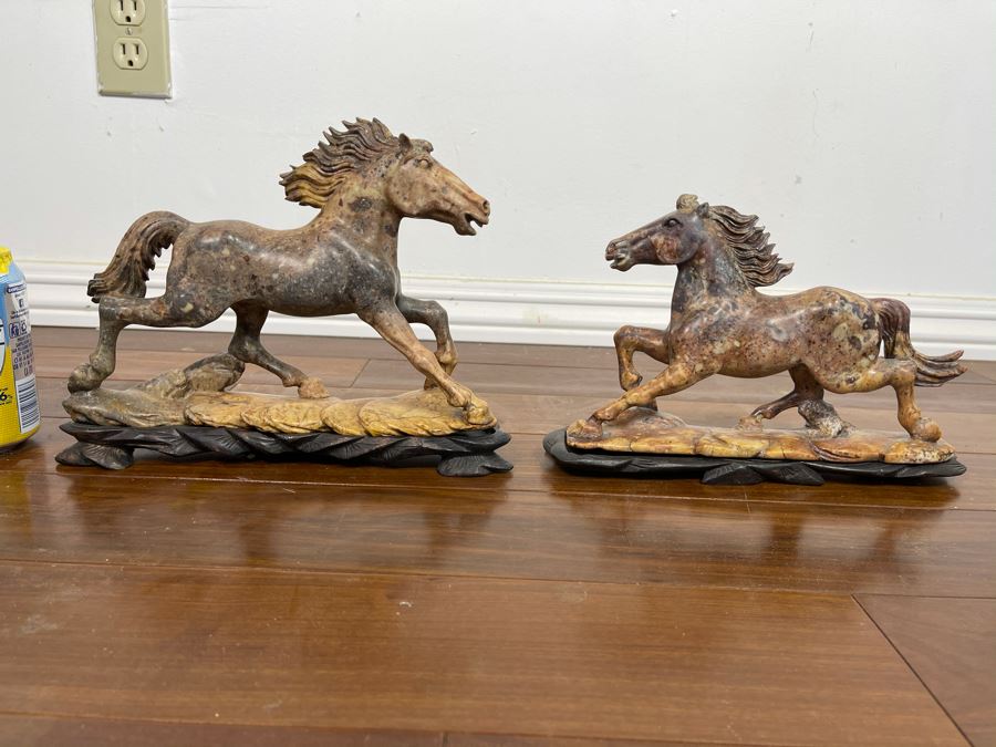 Pair Of Individually Signed Chinese Hardstone Carved Horses On Custom Wooden Bases (Larger Measures 10W X 8H) [Photo 6]