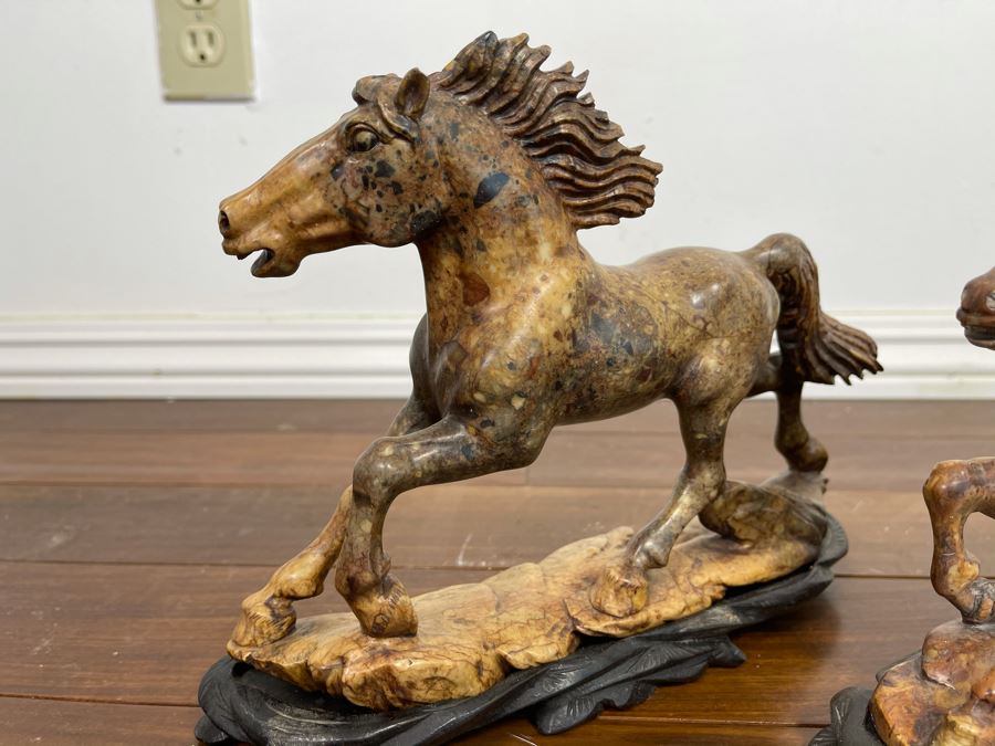 Pair Of Individually Signed Chinese Hardstone Carved Horses On Custom Wooden Bases (Larger Measures 10W X 8H) [Photo 13]