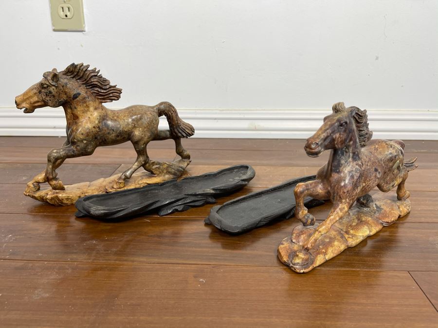 Pair Of Individually Signed Chinese Hardstone Carved Horses On Custom Wooden Bases (Larger Measures 10W X 8H) [Photo 16]