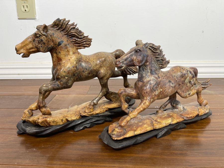 Pair Of Individually Signed Chinese Hardstone Carved Horses On Custom Wooden Bases (Larger Measures 10W X 8H) [Photo 11]