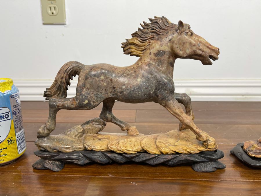 Pair Of Individually Signed Chinese Hardstone Carved Horses On Custom Wooden Bases (Larger Measures 10W X 8H) [Photo 3]