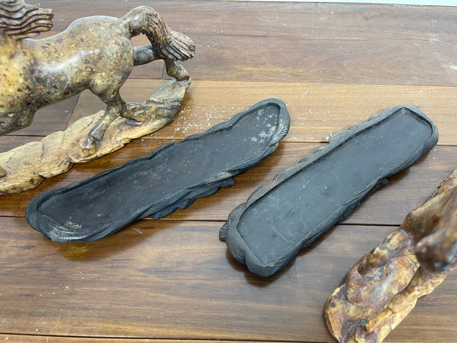 Pair Of Individually Signed Chinese Hardstone Carved Horses On Custom Wooden Bases (Larger Measures 10W X 8H) [Photo 17]