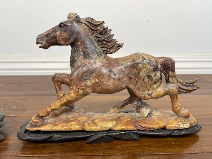 Pair Of Individually Signed Chinese Hardstone Carved Horses On Custom Wooden Bases (Larger Measures 10W X 8H) [Photo 8]