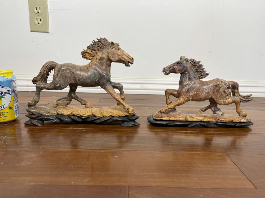 Pair Of Individually Signed Chinese Hardstone Carved Horses On Custom Wooden Bases (Larger Measures 10W X 8H) [Photo 7]