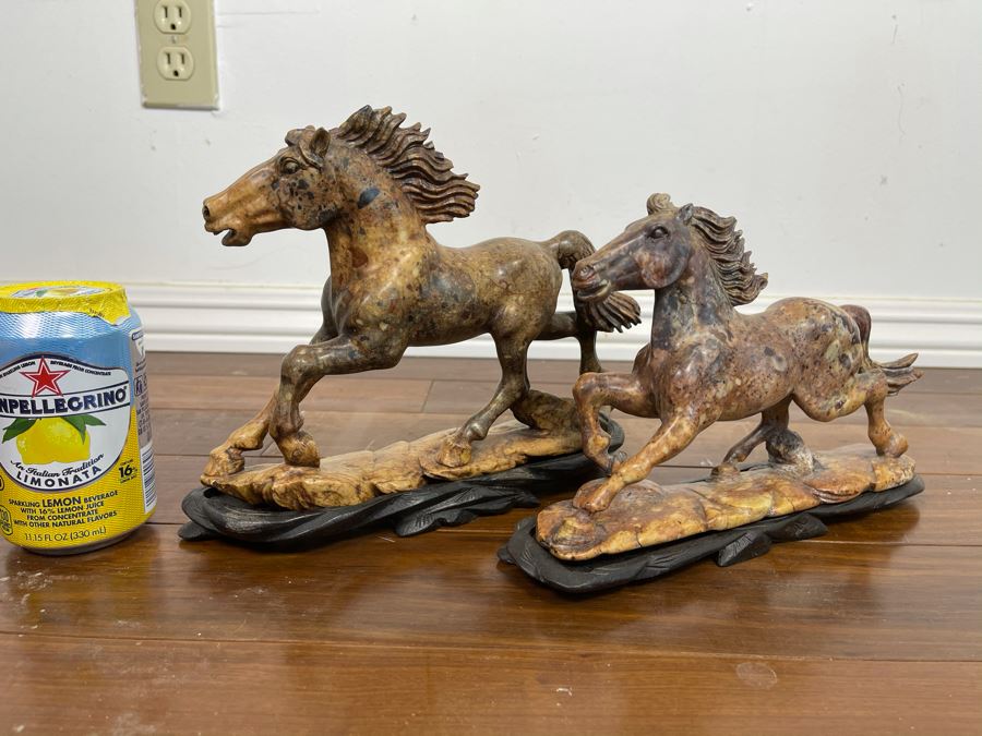 Pair Of Individually Signed Chinese Hardstone Carved Horses On Custom Wooden Bases (Larger Measures 10W X 8H)