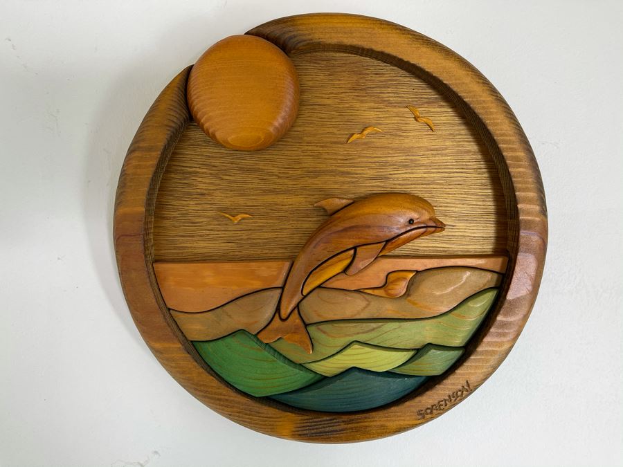 Round Wooden Relief Sculpture Of Dolphin By Barbara Sorenson And Denis Wobig 10.5R [Photo 2]