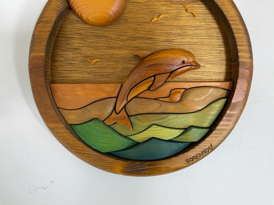 Round Wooden Relief Sculpture Of Dolphin By Barbara Sorenson And Denis Wobig 10.5R [Photo 3]