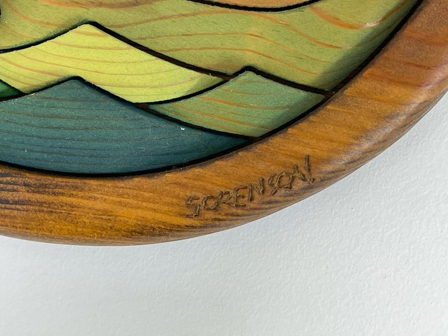 Round Wooden Relief Sculpture Of Dolphin By Barbara Sorenson And Denis Wobig 10.5R [Photo 4]