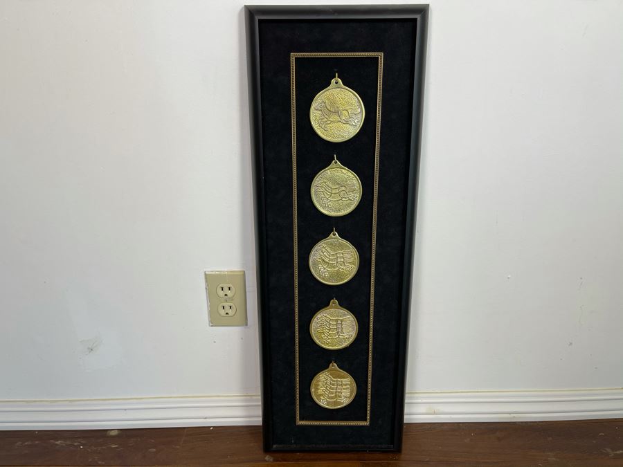 Framed Reproduction Ming Dynasty Korean Imperial Postal System Horsing Permit Bronze Medallions 10.5 X 30 [Photo 1]
