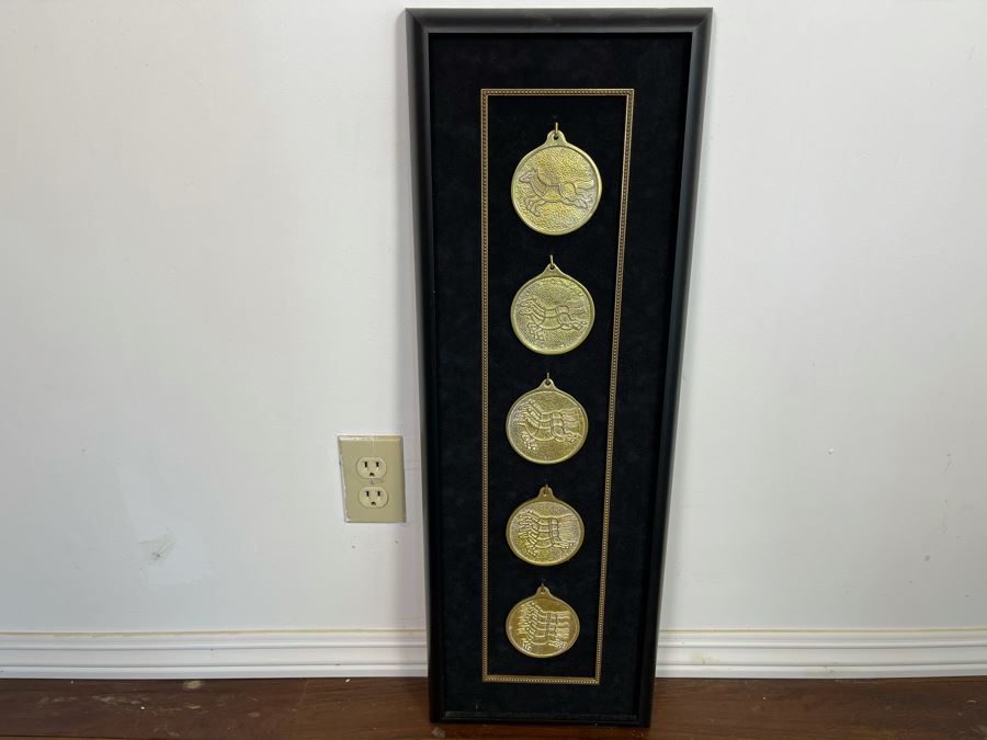 Framed Reproduction Ming Dynasty Korean Imperial Postal System Horsing Permit Bronze Medallions 10.5 X 30 [Photo 2]