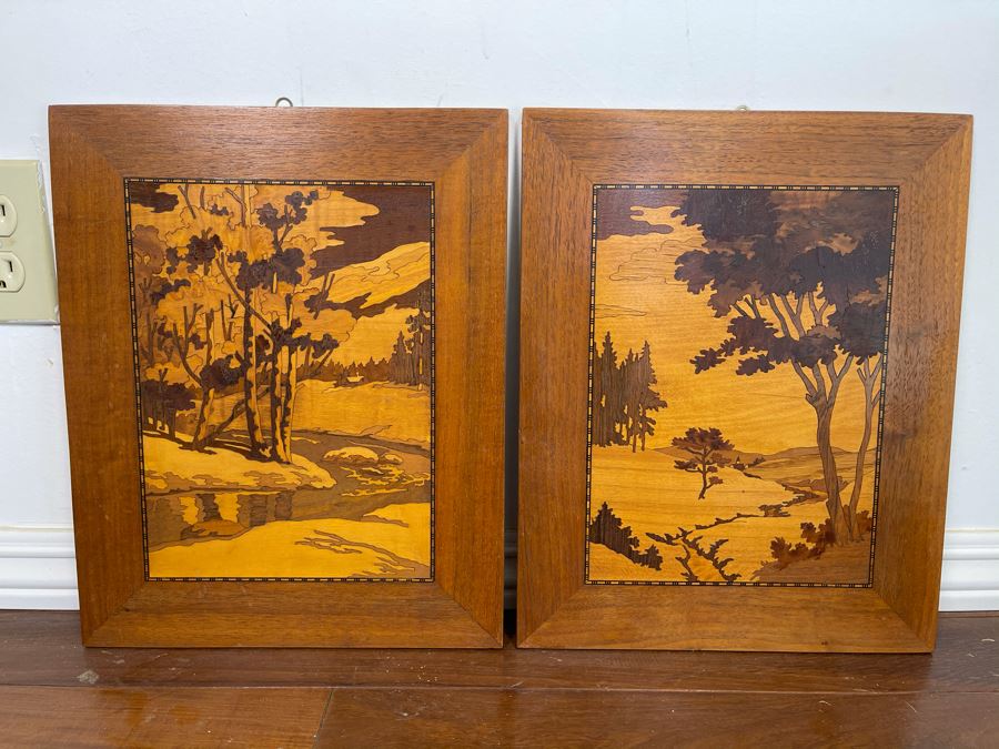 Pair Of Inlaid Wood Landscape Paintings 12 X 15 Ea [Photo 2]