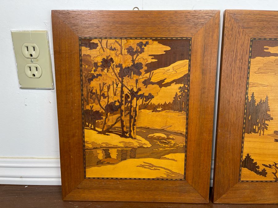 Pair Of Inlaid Wood Landscape Paintings 12 X 15 Ea [Photo 3]