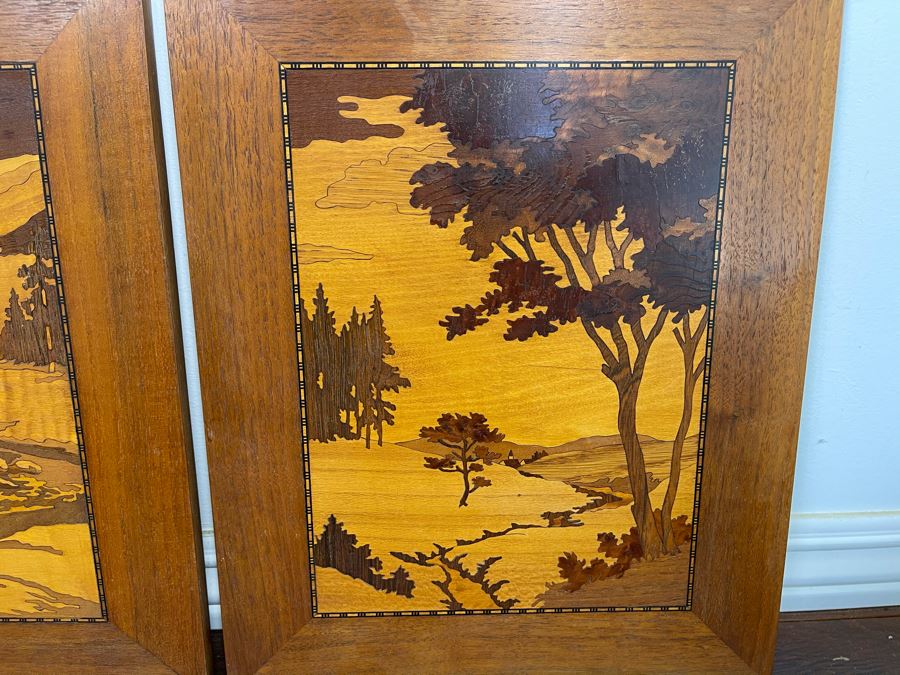 Pair Of Inlaid Wood Landscape Paintings 12 X 15 Ea [Photo 7]