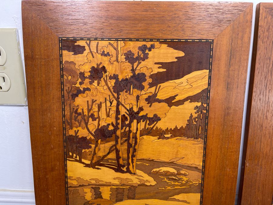Pair Of Inlaid Wood Landscape Paintings 12 X 15 Ea [Photo 4]