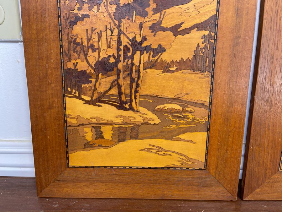 Pair Of Inlaid Wood Landscape Paintings 12 X 15 Ea [Photo 5]