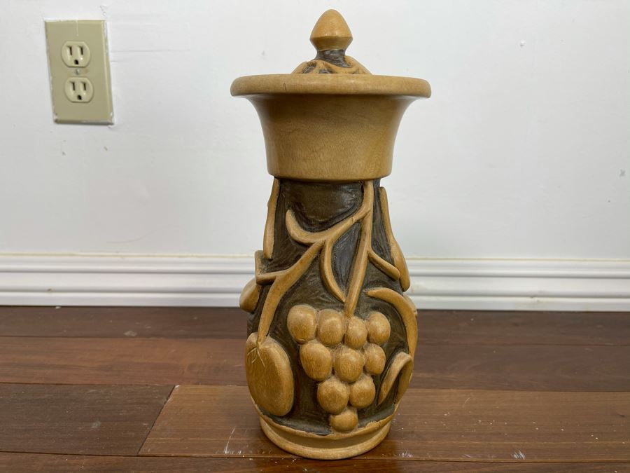 Relief Carved Wooden Vase With Lid 12H X 5W