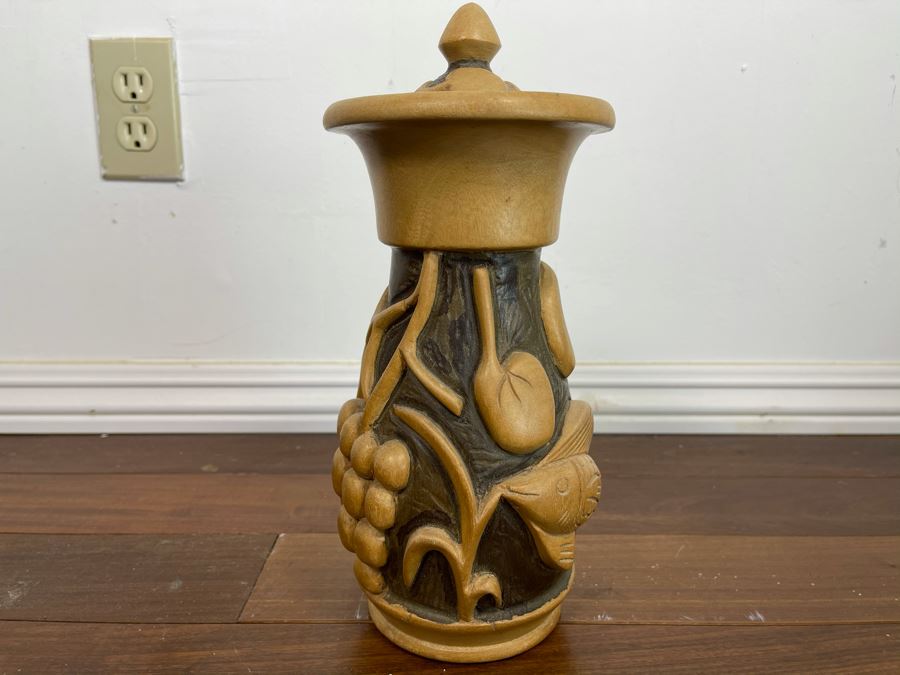 Relief Carved Wooden Vase With Lid 12H X 5W [Photo 8]