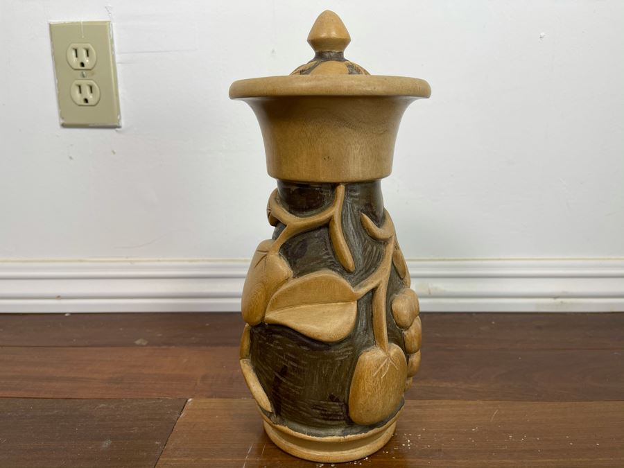 Relief Carved Wooden Vase With Lid 12H X 5W [Photo 6]