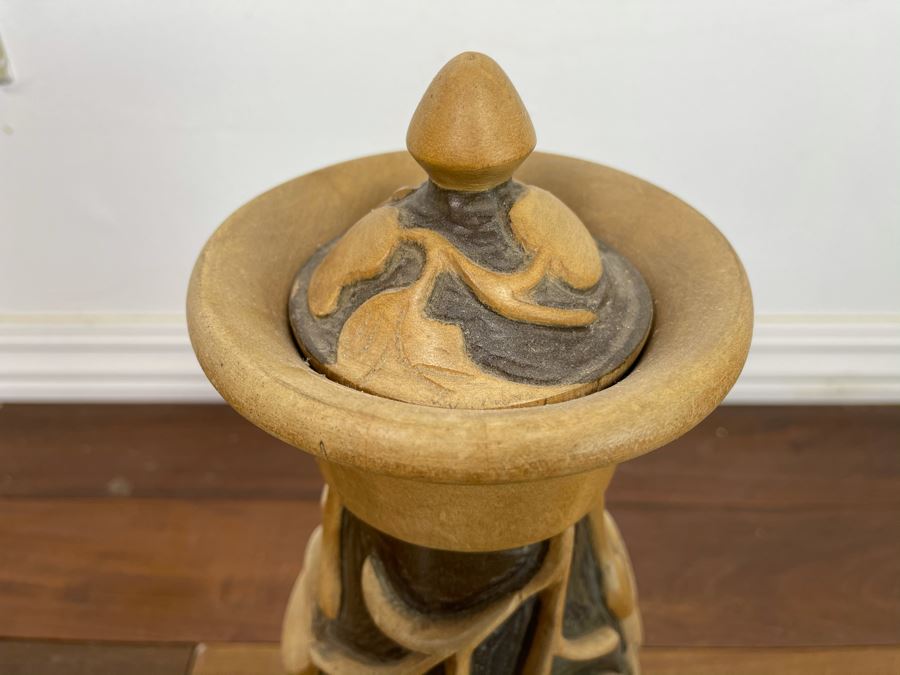 Relief Carved Wooden Vase With Lid 12H X 5W [Photo 5]