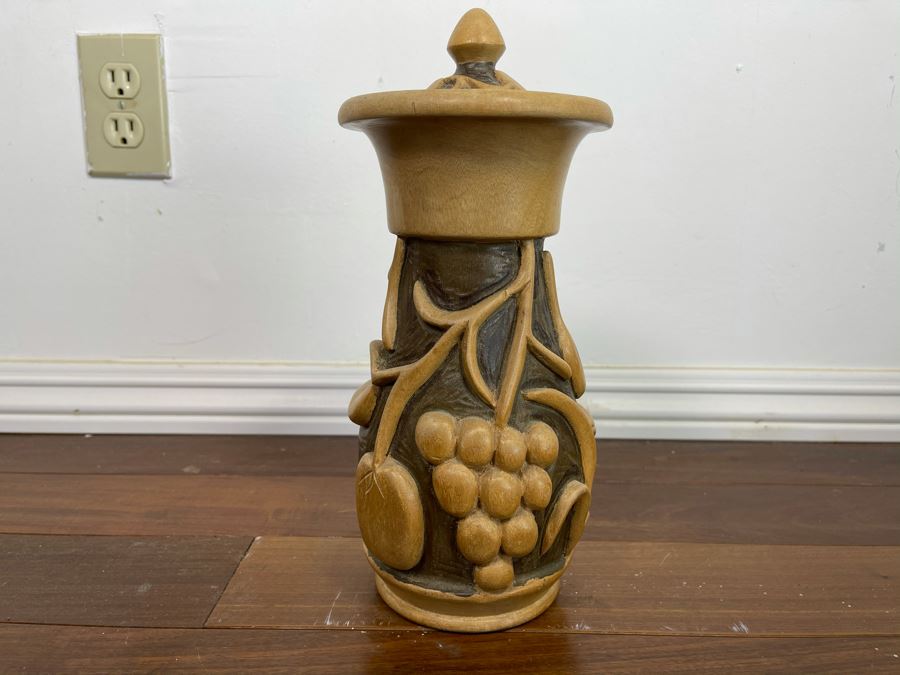 Relief Carved Wooden Vase With Lid 12H X 5W [Photo 3]