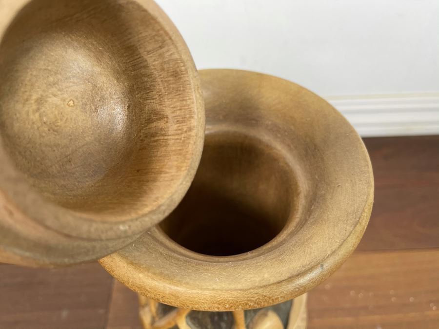 Relief Carved Wooden Vase With Lid 12H X 5W [Photo 9]
