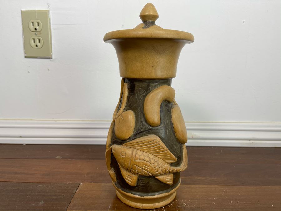 Relief Carved Wooden Vase With Lid 12H X 5W [Photo 2]