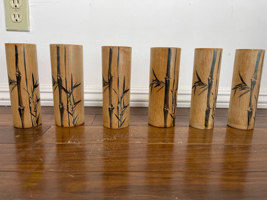 Set Of Six Bamboo Painted Japanese Drinking Cups 7H [Photo 2]