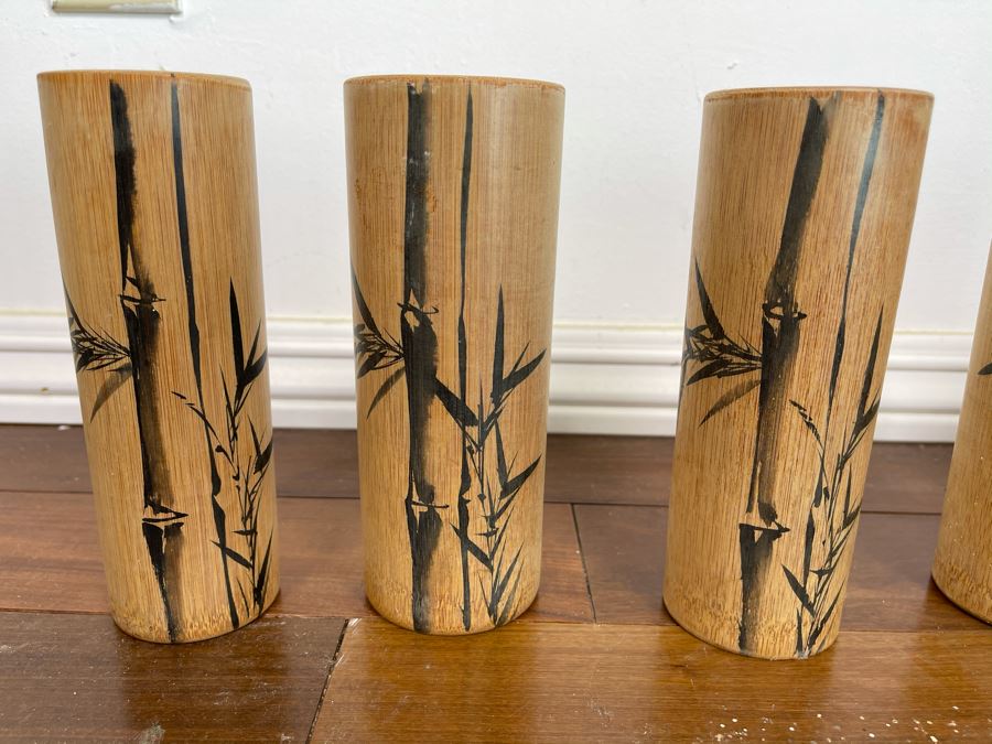 Set Of Six Bamboo Painted Japanese Drinking Cups 7H [Photo 3]