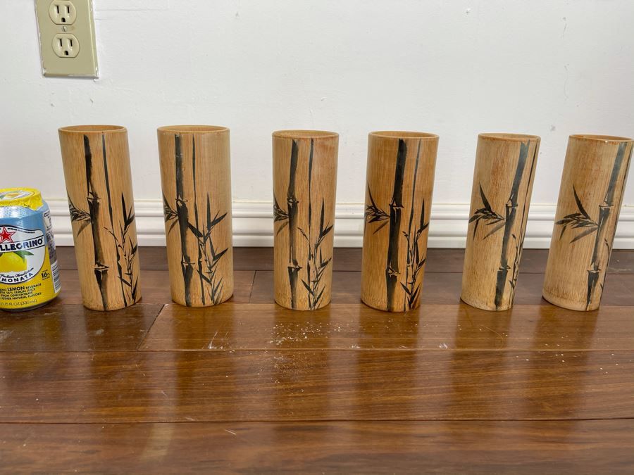 Set Of Six Bamboo Painted Japanese Drinking Cups 7H [Photo 9]
