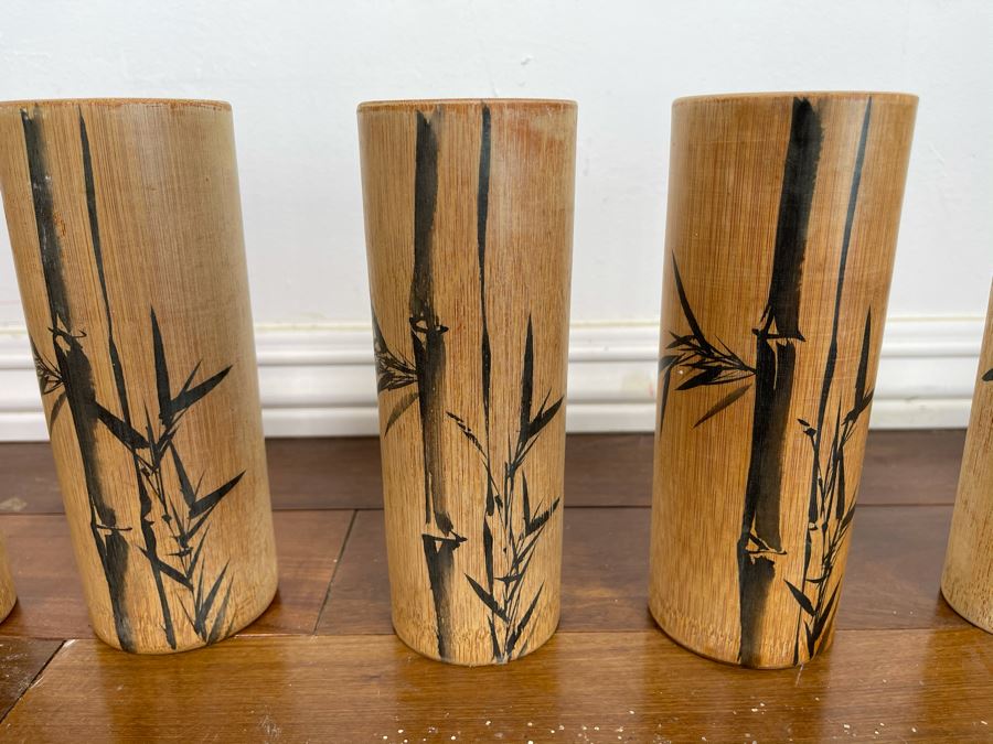 Set Of Six Bamboo Painted Japanese Drinking Cups 7H [Photo 10]