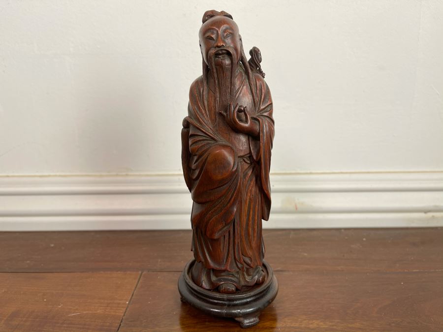 Old Chinese Hand Carved Figure Of Laozi Lao Tzu Founder Of Taoism With Wooden Stand 8.5H (One Figure - Showing Multiple Views) [Photo 4]