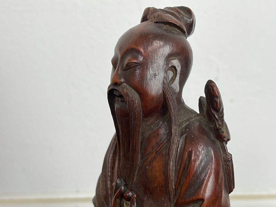 Old Chinese Hand Carved Figure Of Laozi Lao Tzu Founder Of Taoism With Wooden Stand 8.5H (One Figure - Showing Multiple Views) [Photo 7]