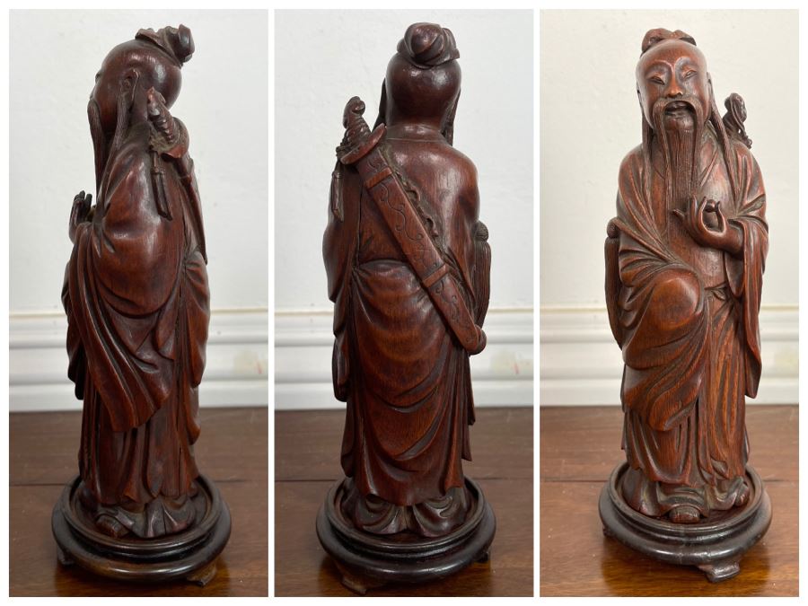 Old Chinese Hand Carved Figure Of Laozi Lao Tzu Founder Of Taoism With Wooden Stand 8.5H (One Figure - Showing Multiple Views)