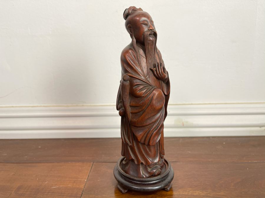 Old Chinese Hand Carved Figure Of Laozi Lao Tzu Founder Of Taoism With Wooden Stand 8.5H (One Figure - Showing Multiple Views) [Photo 17]