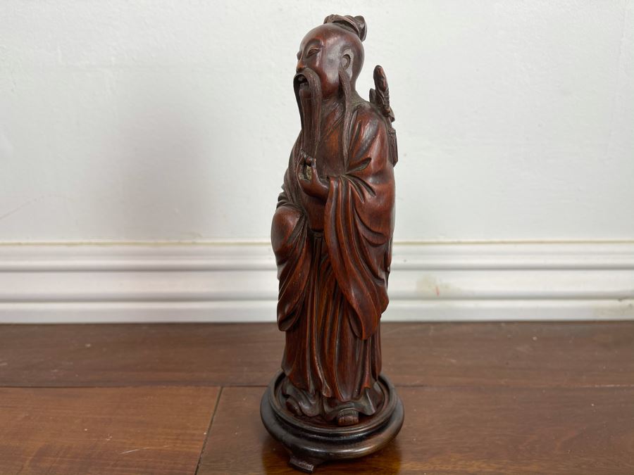 Old Chinese Hand Carved Figure Of Laozi Lao Tzu Founder Of Taoism With Wooden Stand 8.5H (One Figure - Showing Multiple Views) [Photo 6]