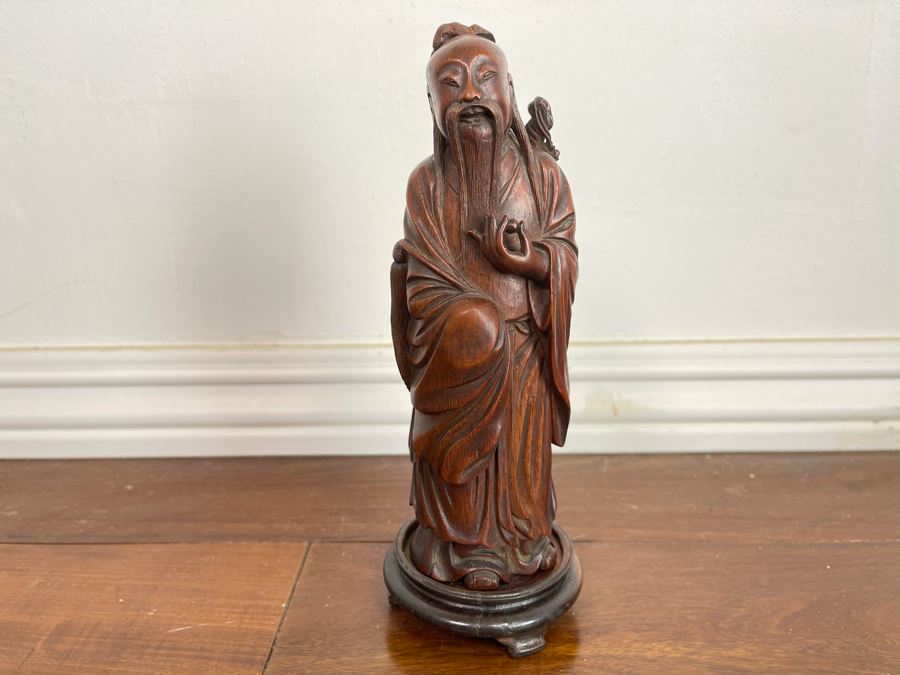 Old Chinese Hand Carved Figure Of Laozi Lao Tzu Founder Of Taoism With Wooden Stand 8.5H (One Figure - Showing Multiple Views) [Photo 3]
