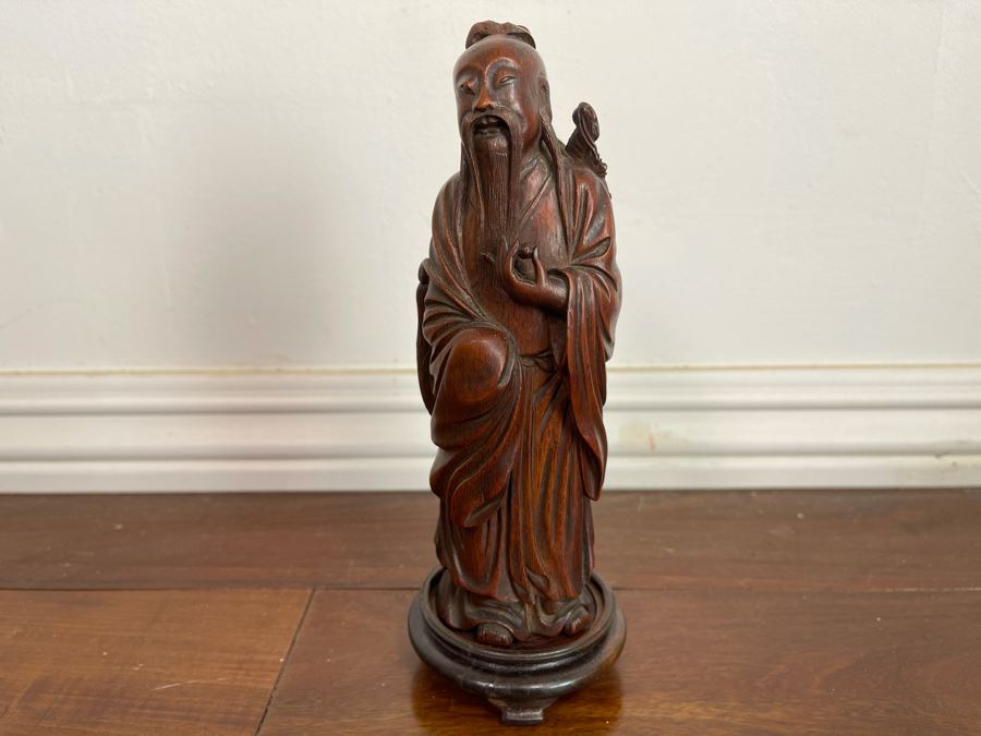 Old Chinese Hand Carved Figure Of Laozi Lao Tzu Founder Of Taoism With Wooden Stand 8.5H (One Figure - Showing Multiple Views) [Photo 19]