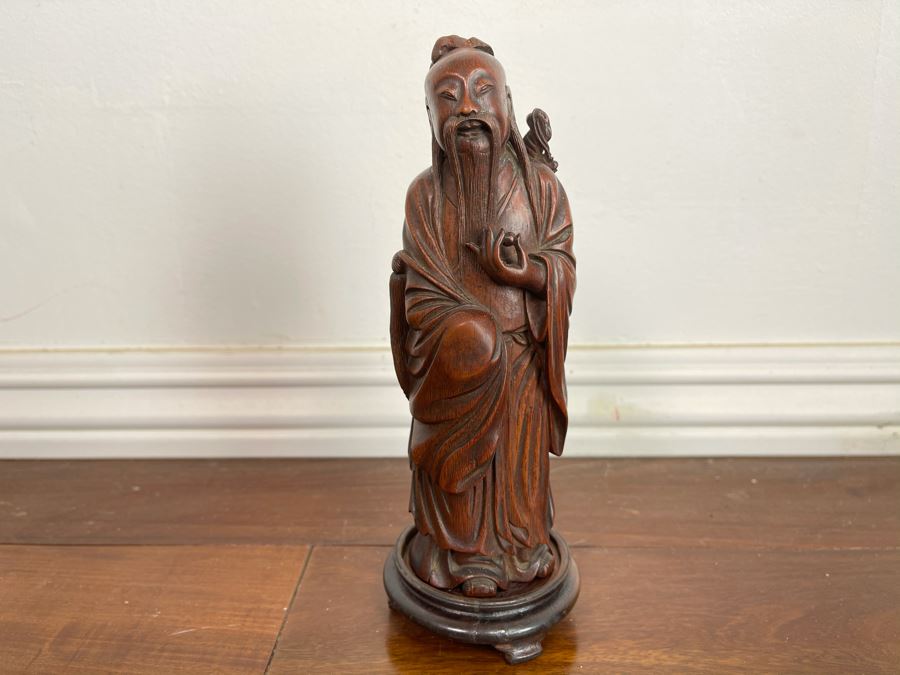 Old Chinese Hand Carved Figure Of Laozi Lao Tzu Founder Of Taoism With Wooden Stand 8.5H (One Figure - Showing Multiple Views) [Photo 5]