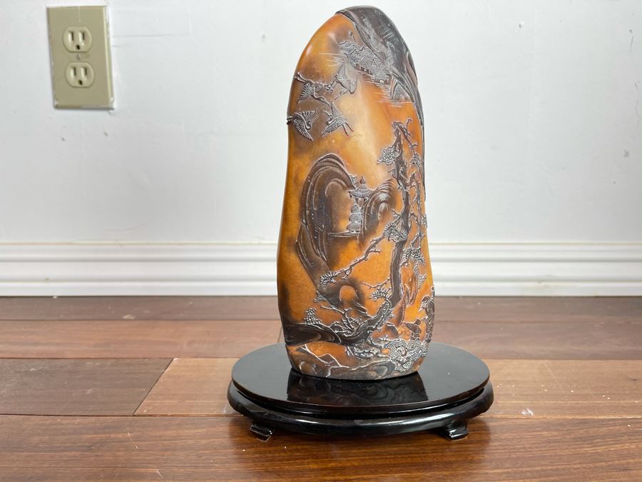 Old Chinese Relief Carved Shoushan Yellow Hardstone Carving With Stand 11H X 7W [Photo 4]
