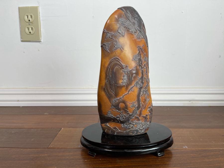 Old Chinese Relief Carved Shoushan Yellow Hardstone Carving With Stand 11H X 7W [Photo 6]