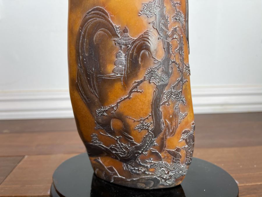 Old Chinese Relief Carved Shoushan Yellow Hardstone Carving With Stand 11H X 7W [Photo 3]