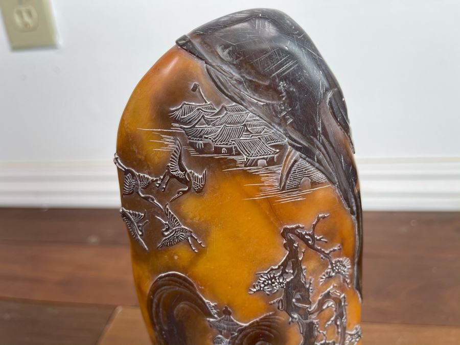 Old Chinese Relief Carved Shoushan Yellow Hardstone Carving With Stand 11H X 7W [Photo 17]