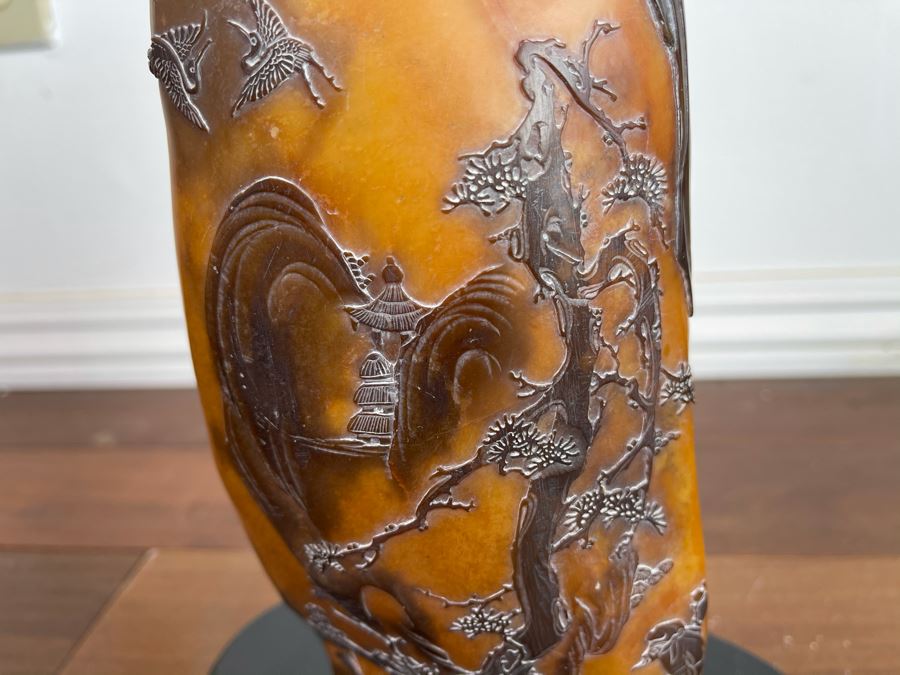 Old Chinese Relief Carved Shoushan Yellow Hardstone Carving With Stand 11H X 7W [Photo 18]