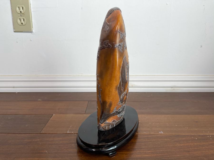 Old Chinese Relief Carved Shoushan Yellow Hardstone Carving With Stand 11H X 7W [Photo 15]