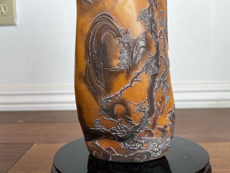 Old Chinese Relief Carved Shoushan Yellow Hardstone Carving With Stand 11H X 7W [Photo 7]