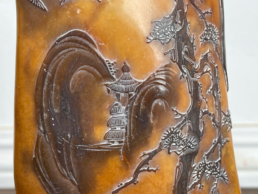 Old Chinese Relief Carved Shoushan Yellow Hardstone Carving With Stand 11H X 7W [Photo 8]