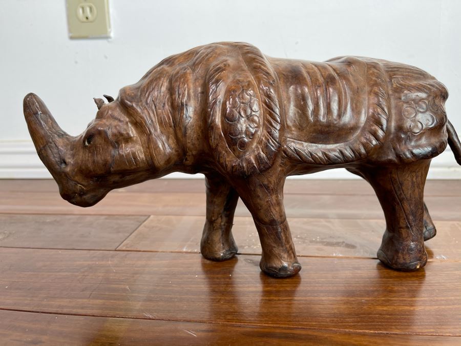 Vintage Leather Wrapped Rhinoceros Sculpture 13.5W X 4.5D X 7H [Photo 4]