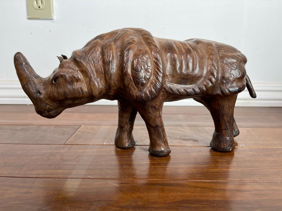 Vintage Leather Wrapped Rhinoceros Sculpture 13.5W X 4.5D X 7H [Photo 5]