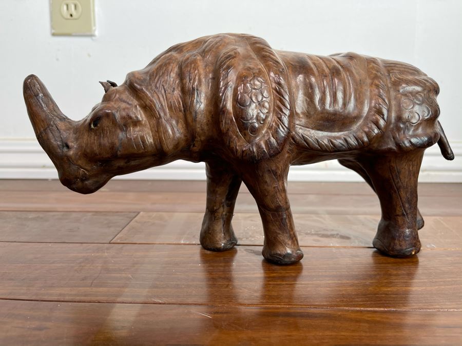 Vintage Leather Wrapped Rhinoceros Sculpture 13.5W X 4.5D X 7H [Photo 2]