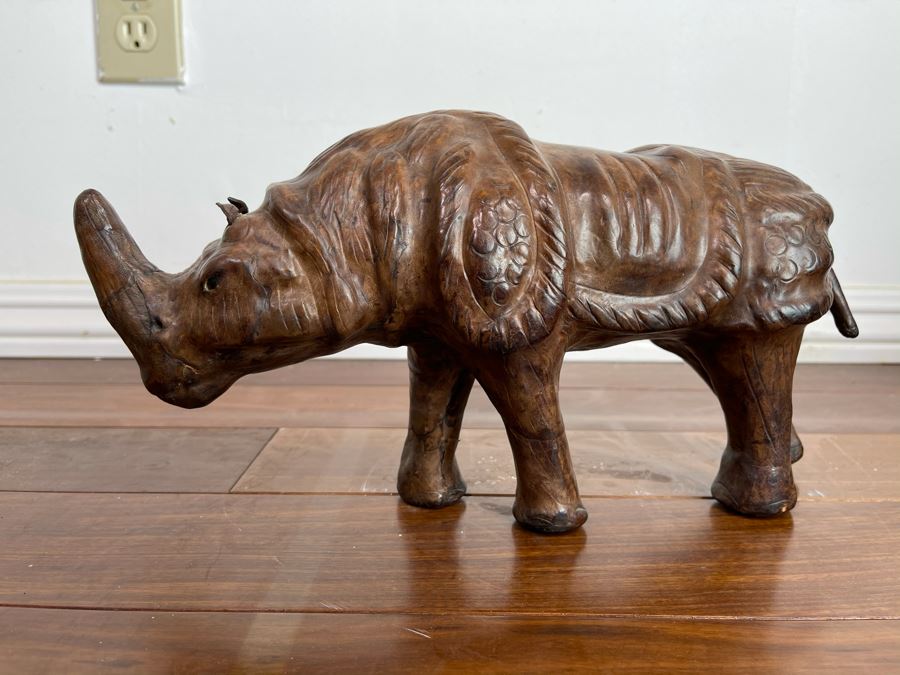 Vintage Leather Wrapped Rhinoceros Sculpture 13.5W X 4.5D X 7H [Photo 3]